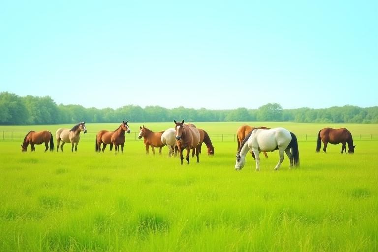 Healthy horses grazing peacefully in a large, green pasture
