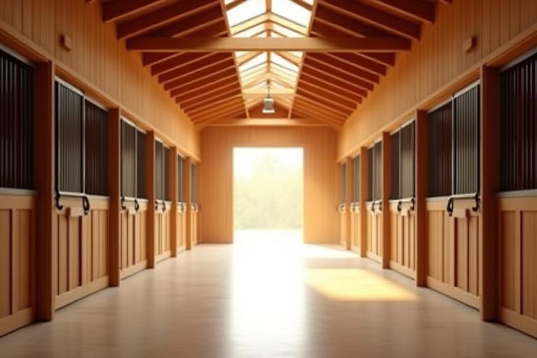 Clean and airy stable interior with horse stalls