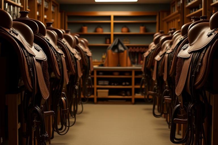 Organized and well-maintained tack room with saddles and bridles