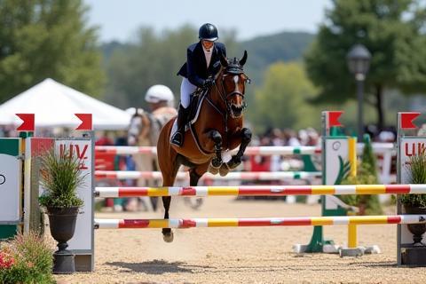 Equestrian jumping event underway in an outdoor arena