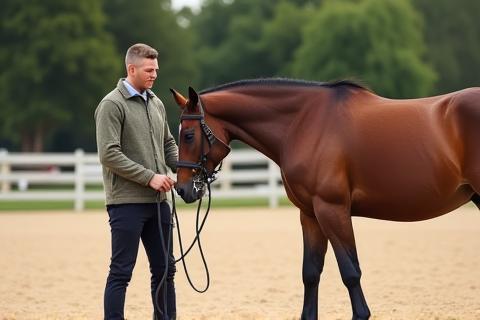 Professional trainer working with a horse in an outdoor arena