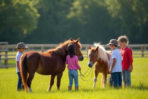 Group of children learning about ponies in a grassy field