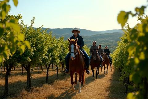 Guided horseback riders on a scenic trail through a Tuscan vineyard
